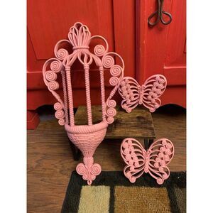 Vintage Pink Burwood Wall Pocket 1628 With 2 Matching Butterflies 2146 Boho READ